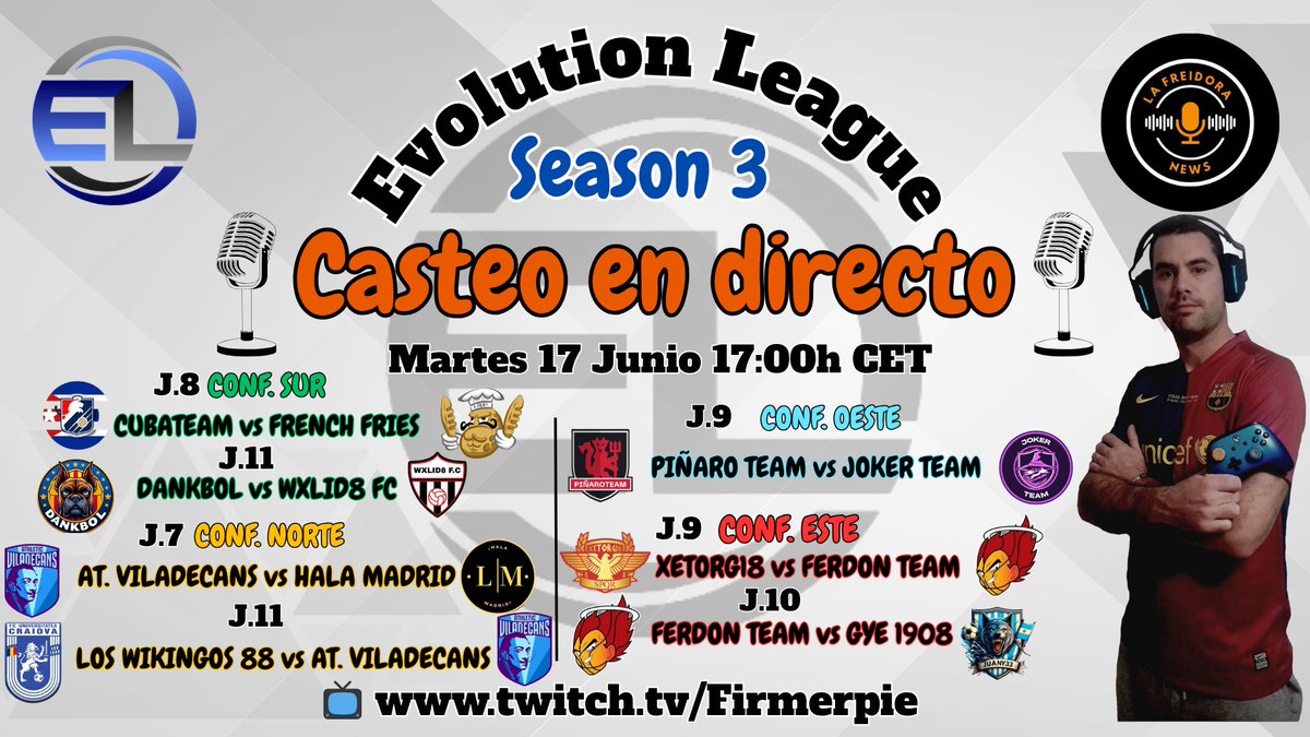 EvolutionLeagu3's tweet photo. 🎙️Continuamos con una nueva sesión de CASTEOS!
🕔 Hoy a partir de las 17:00h en el canal de @FIRMERPIE emitimos todos los partidos pendientes de las últimas dos semanas.
Os esperamos! 🔥🔥🔥
📺 https://t.co/SFEvfQabWD
#EvolutionLeague
#Season3
#eFootball2025 https://t.co/4QAkTWKoed