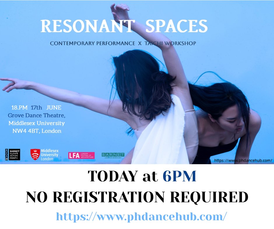 Join us today at 6PM!

Delighted to announce PhDance will perform their ‘Resonant Spaces’ project

A performance that explores how Tai Chi &amp; dance can open quiet, embodied ways of relating to the city.

Venue: Grove Dance Theatre at Middlesex Univ 
#RDAT #pgrresearch #pgr #MDX