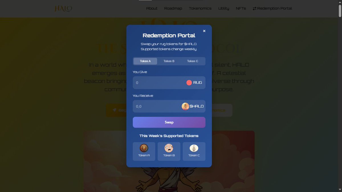 🚧 As mentioned in the Whitepaper 🕊️

The Redemption Portal is currently in the works.

Soon, you'll be able to trade your rugged $HBAR tokens directly on our website for $HALO.

This marks the beginning of something divine for #HBAR memes. The rebirth is near. 🕊🌠