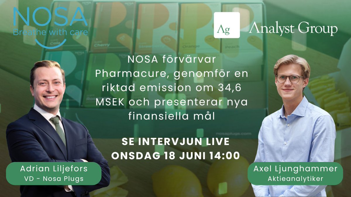 Se NOSA Plugs VD Adrian Liljefors presentera förvärvet av Pharmacure &amp; intervjuas av Axel Ljunghammer, Aktieanalytiker hos Analyst Group idag klockan 14:00. Ställ frågor i livechatten!

youtube.com/live/_egkxMLfF…
