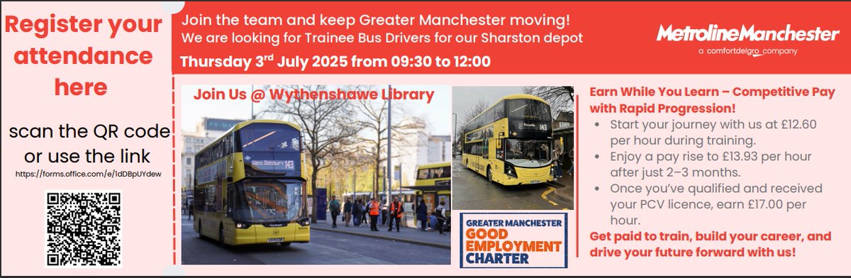 MCC Work and Skills (@mccworkskills) on Twitter photo 😀Metroline are recruiting for Trainee bus drivers for their Sharston depot full training provided!
Manual Driving Licence with a maximum of 6 points.
Attend their recruitment day July 3rd 09:30am Forum Library M22 5RX👇 😀Metroline are recruiting for Trainee bus drivers for their Sharston depot full training provided!
Manual Driving Licence with a maximum of 6 points.
Attend their recruitment day July 3rd 09:30am Forum Library M22 5RX👇
