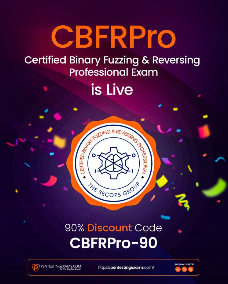 Jason Haddix (@jhaddix) on Twitter photo Another launch and giveaway from our sponsors <a href="/TheSecOpsGroup/">The SecOps Group</a> !
🚨 Latest Launch + Win a FREE Exam Chance! 🚨
The all-new Binary Fuzzing & Reversing pentesting exam just dropped and 3 of you can win it for FREE! 🎉
The SecOps Group is back with their latest pentesting exam: Another launch and giveaway from our sponsors <a href="/TheSecOpsGroup/">The SecOps Group</a> !
🚨 Latest Launch + Win a FREE Exam Chance! 🚨
The all-new Binary Fuzzing & Reversing pentesting exam just dropped and 3 of you can win it for FREE! 🎉
The SecOps Group is back with their latest pentesting exam: