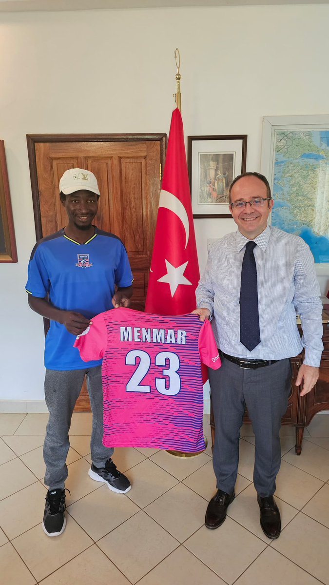 menmaracademy's tweet photo. Honored to announce that our Founder and President paid a courtesy call to H.E. F. Türker Oba, Türkiye's Ambassador to The Gambia, earlier today!
Afterwards, our President proudly presented the Ambassador with the Academy's custom #HomeJersey!
#Vision2033 #menmarsportingacademy https://t.co/nvf5ysHWvF