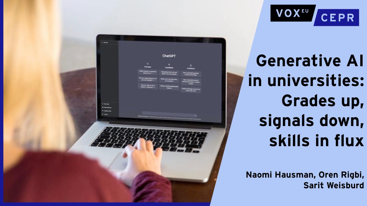 VoxEU (@voxeu) on Twitter photo Generative #AI in universities: Grades up, signals down, skills in flux
Naomi Hausman, Oren Rigbi, Sarit Weisburd <a href="/HebrewU/">Hebrew University</a>
ow.ly/ltrN50WaArW Generative #AI in universities: Grades up, signals down, skills in flux
Naomi Hausman, Oren Rigbi, Sarit Weisburd <a href="/HebrewU/">Hebrew University</a>
ow.ly/ltrN50WaArW