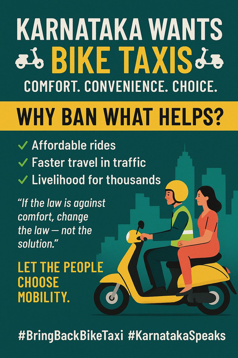 Rakshith_Raj12's tweet photo. Karnataka wants bike taxis back! 
Affordable. Fast. Livelihood for many.
Why ban what helps?
#BringBackBikeTaxi #KarnatakaSpeaks https://t.co/iff2VM3z3S