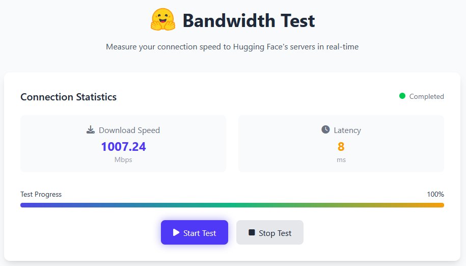 tomaarsen (@tomaarsen) on Twitter photo You can measure your connection speed to <a href="/huggingface/">Hugging Face</a> servers here: fast.hf.co
Can anyone beat this download speed/latency? You can measure your connection speed to <a href="/huggingface/">Hugging Face</a> servers here: fast.hf.co
Can anyone beat this download speed/latency?