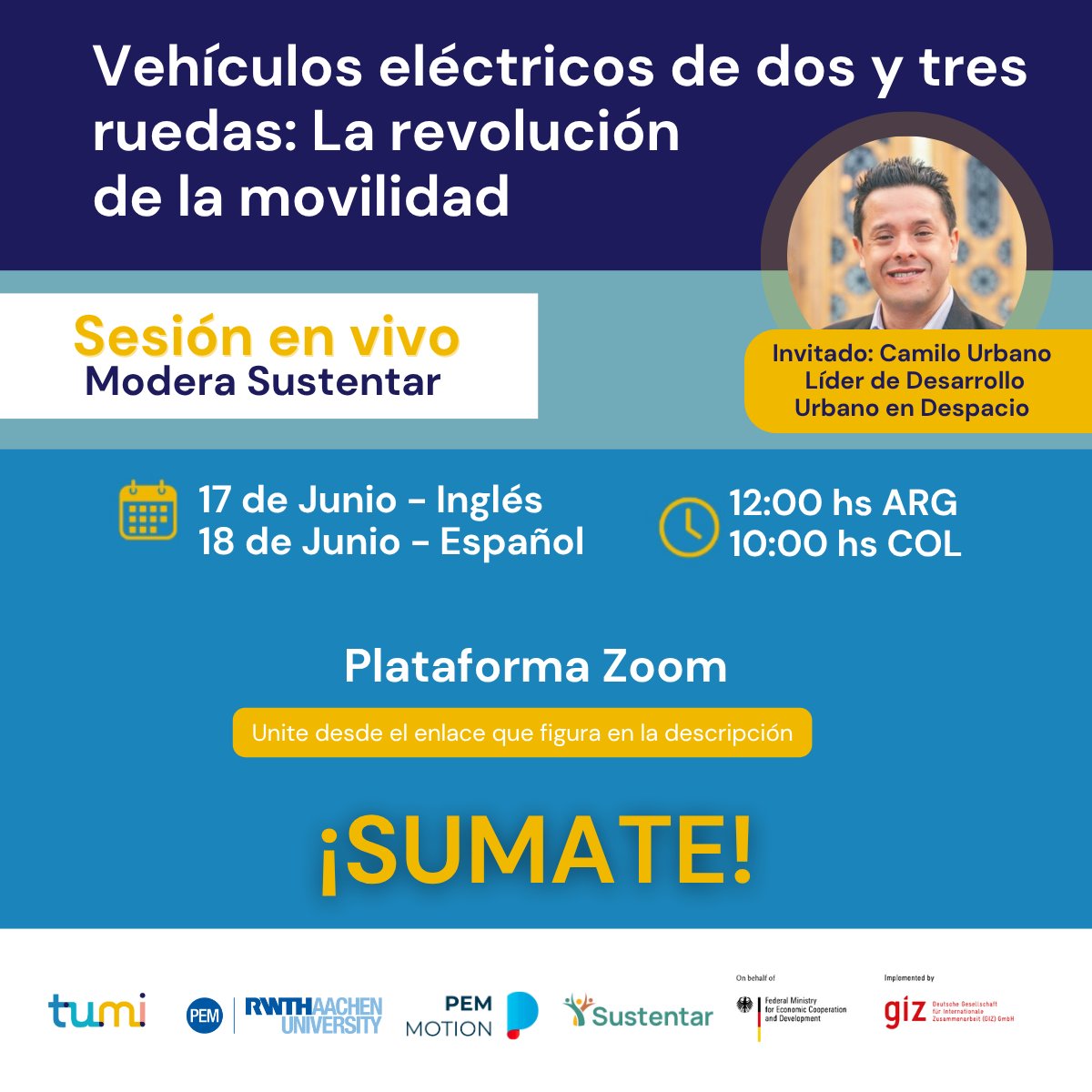 ¡Hoy arranca la sesión en inglés!

 “Vehículos eléctricos de dos y tres ruedas: La revolución de la movilidad”

Sesión en Vivo: 
📅 17 de junio – Inglés
📅 18 de junio – Español

Todavía estás a tiempo de unirte en el siguiente link: lnkd.in/dVsZnS-b