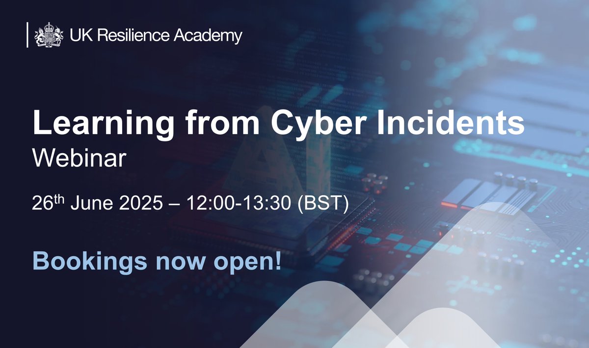 Learning from Cyber Incidents – LIVE!
🗓️June 26th 12:00 – 13:30 BST

Following release of the 6th UK Resilience Lessons Digest, we are bringing the content from ‘Learning from Cyber Incidents’ to life in a live WEBINAR.

Sign up now: events.teams.microsoft.com/event/bc0b20ed…

#CyberSecurity