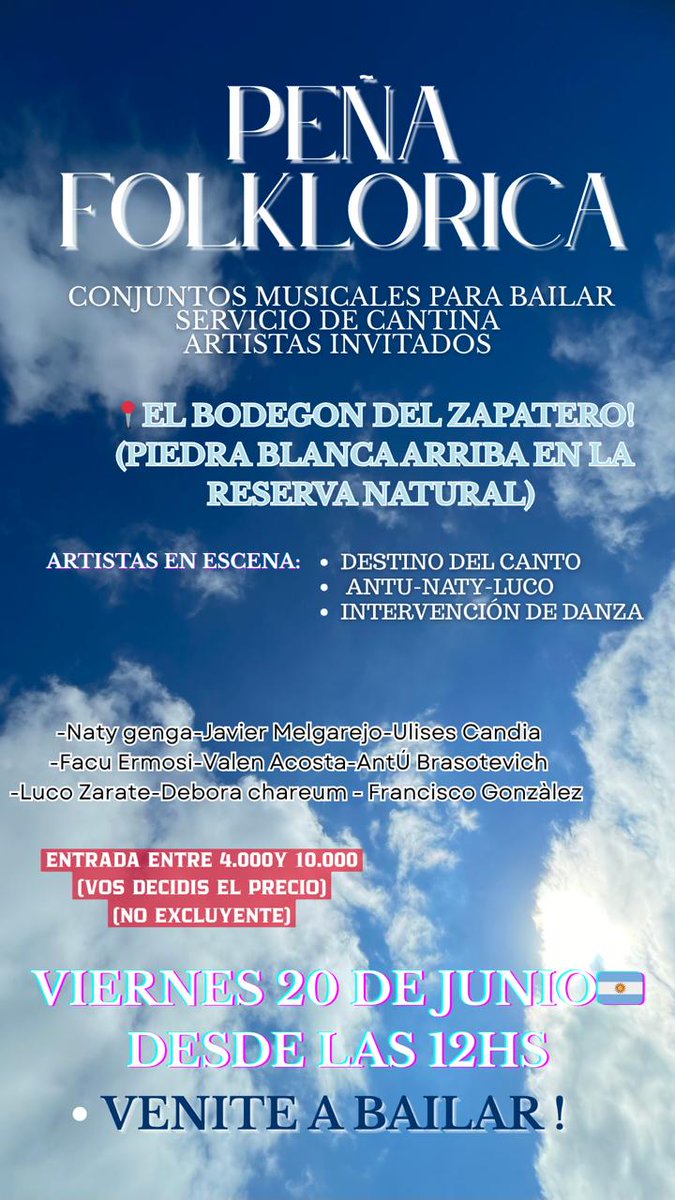 Melgarejojavier's tweet photo. Viernes 20 de Junio Peña!!
Peña FOLKLORICA 
En el bodegón del zapatero. Pedra Blanca. Reserva natural. Villa de Merlo. San Luis. ARGENTINA 🇦🇷🇦🇷 https://t.co/mIrOH5olk9