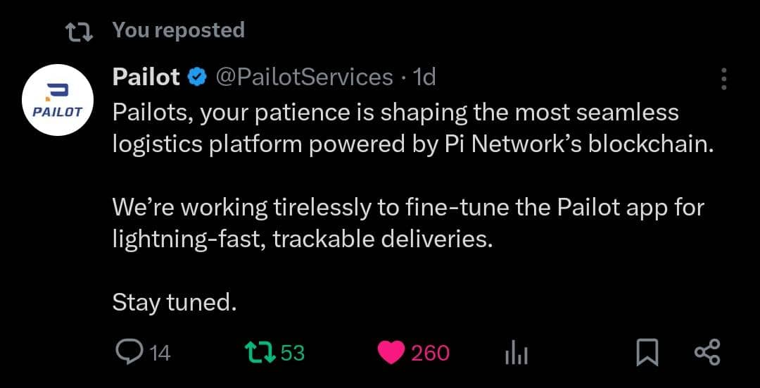 I hope <a href="/PailotServices/">Pailot</a> delivers the best anytime...

There can never be a Motor without a tire. 

There can never be e-commerce without seamless logistics. 

#Pailot 🫥 #PiNetwork #deLog