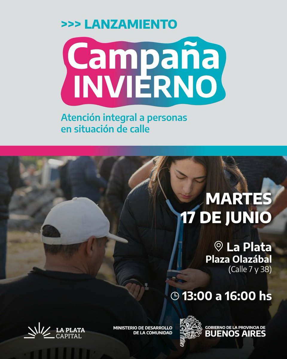 Campaña Invierno: Atención integral a personas en situación de calle

📅Martes 17 de junio
📍Plaza Olazábal (7 y 38), La Plata
🕐De 13 a 16 hs