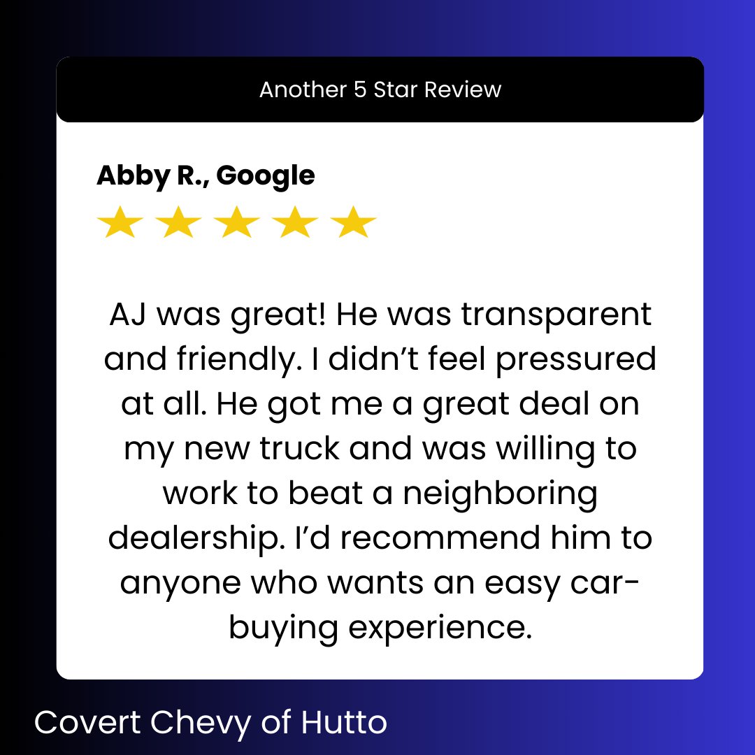Hello Abby, Thank you for the awesome feedback. Hearing that your experience went well with AJ really makes our day. We look forward to serving you many more times in the future!