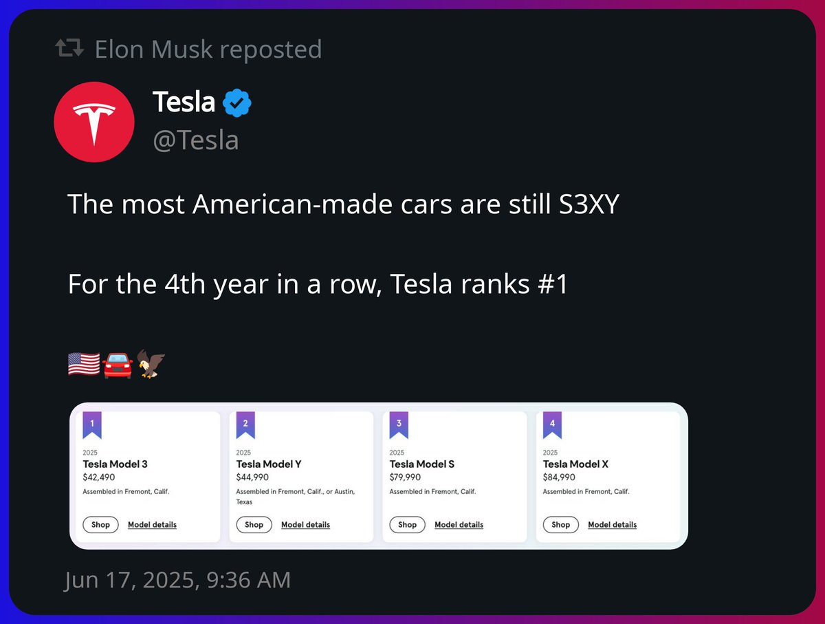 Elon Musk reposted a post from Tesla x.com/elonmusk/statu…