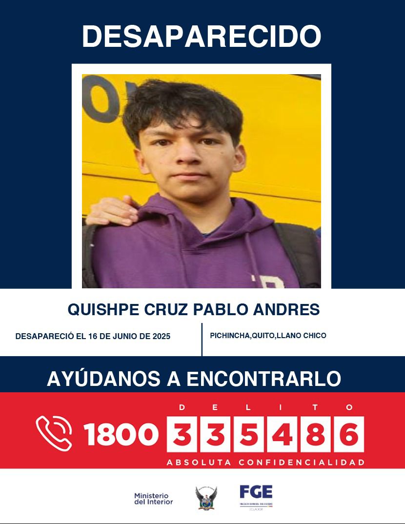 #DesaparecidosEcuador | #Pichincha: si tienes información sobre la ubicación de Pablo Andrés Quishpe Cruz, comunícate de inmediato con las autoridades. Fue visto por última vez el 16 de junio de 2025 en Llano Chico, en el norte de #Quito.
