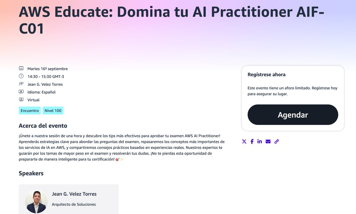 RoxsRoss's tweet photo. 🚀 ¡Prepara tu examen AWS AI Practitioner AIF-C01!
🎯 Únete el 16 de septiembre  para una sesión online llena de estrategias clave y consejos prácticos. ¡Domina los servicios de IA en AWS y prepárate para tu certificación! 

🔗 Info aquí https://t.co/sc7MCOhXkb

#AWS #AWSEducate https://t.co/LO2CLCxGNR
