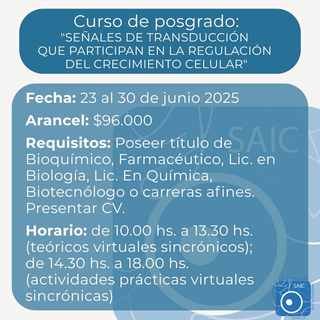 Curso de posgrado:
"SEÑALES DE TRANSDUCCIÓN QUE PARTICIPAN EN LA REGULACIÓN DEL CRECIMIENTO CELULAR"

📅Fecha: 23 al 30 de junio 2025
💻Modalidad: Virtual
💸Arancel: $96.000
⏰Horario: 10.00 hs. a 13.30 hs. (teóricos sincrónicos); 14.30 hs. a 18.00 hs. (actividades prácticas)