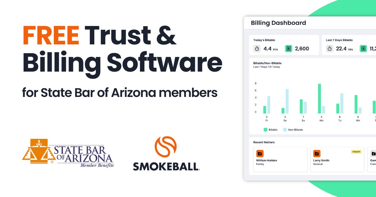 All @azstatebar members now get FREE access to Smokeball Bill—software built to simplify time tracking, trust accounting, and expense management.

Stay organized and focus more on your clients, not admin work. Activate your free member benefit: bit.ly/443RYMy