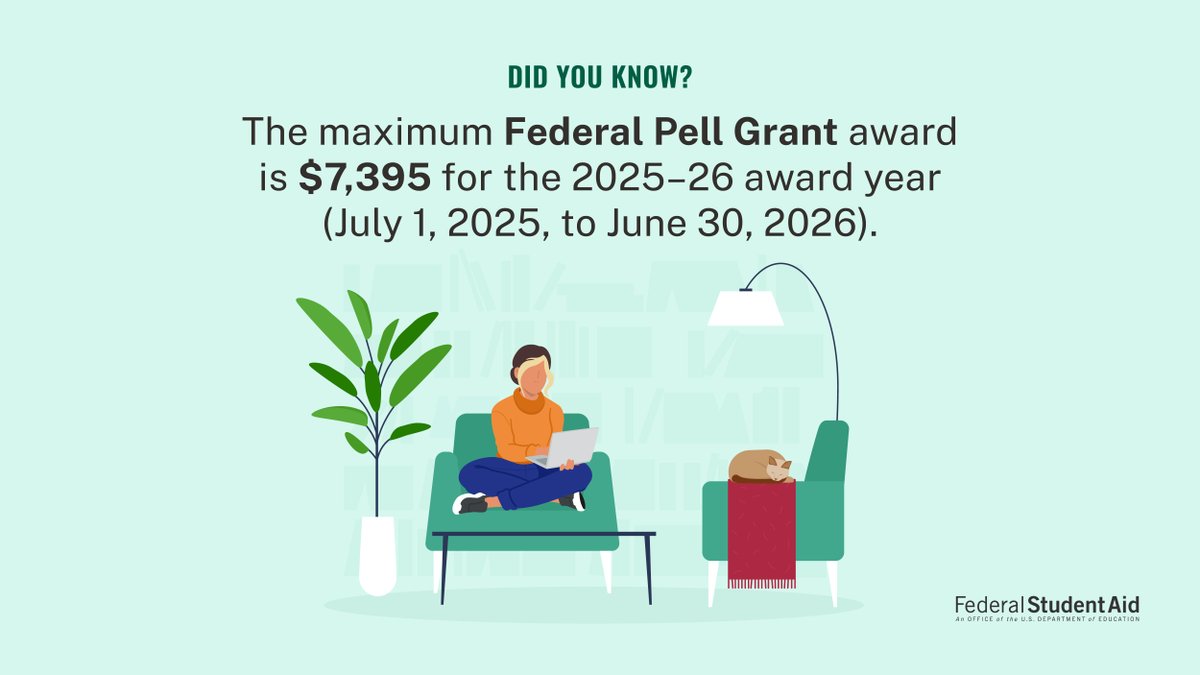FAFSA's tweet image. If you submitted your FAFSA® form, you may have qualified for a Federal Pell Grant.
Learn more at StudentAid.gov/pell-grant