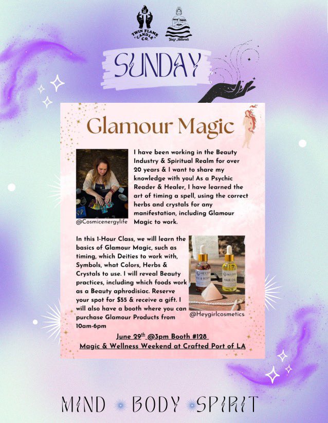 Cosmicenergynow's tweet image. I’m beyond excited to announce that I am joining the Magick &amp;amp; Wellness weekend #craftedportla where I will be teaching my Glamour Magic Class on June 29th 3-4pm and where I will be vending offering glamour magick holistic beauty and spiritual products at Booth 128!
#tarot #fypb