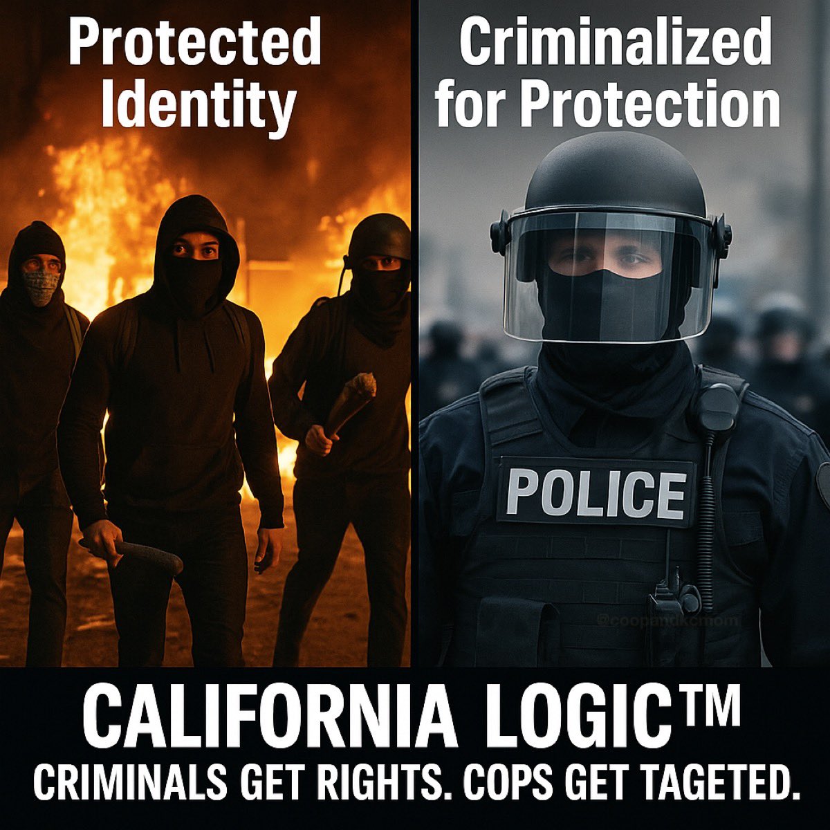 So masks are sacred when you’re hiding your identity at a riot, robbing a store, or demanding “safety”… But a cop wears one to protect his family from retaliation and suddenly it’s a threat? Go fu&lt;k yourselves, California Democrats. Criminals get rights. Officers get targeted.
