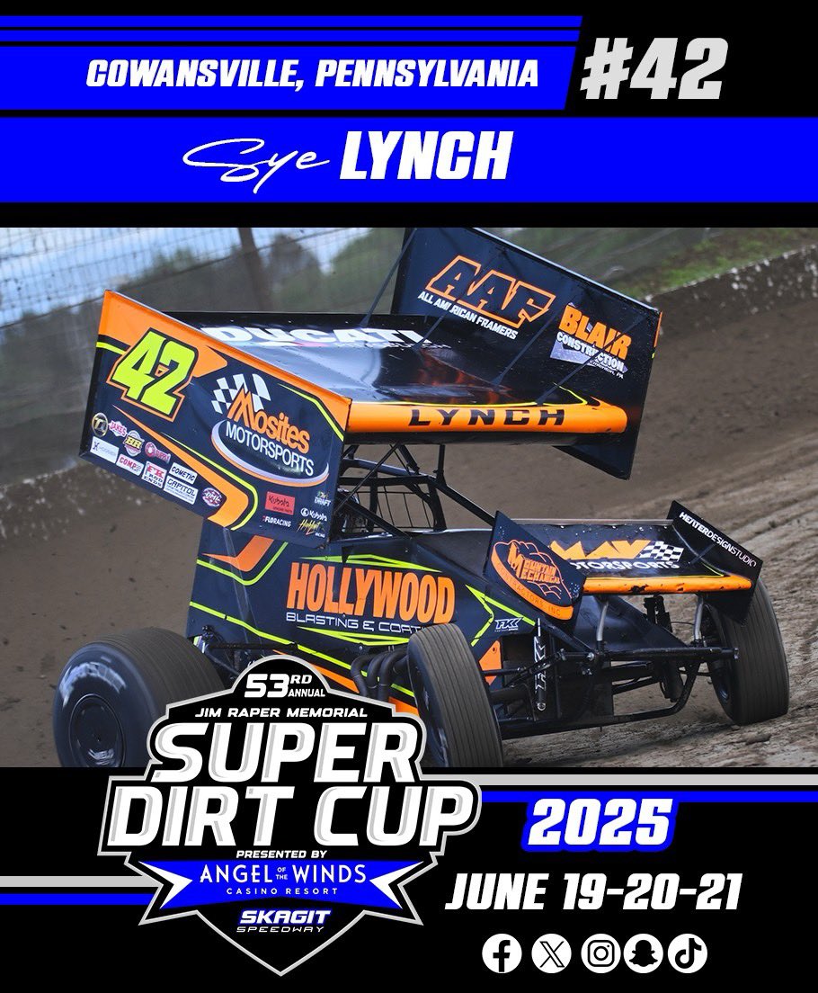 CONFIRMED DRIVER
#42 SYE LYNCH

53rd Annual Jim Raper Memorial #SuperDirtCup presented by <a href="/aotwcasino/">Angel of the Winds Casino Resort</a>  - June 19-20-21.

<a href="/sye_lynch/">Sye Lynch</a>  - Doug Mosites, North Versailles PA

Tickets are on sale now!
skagitspeedway.showare.com