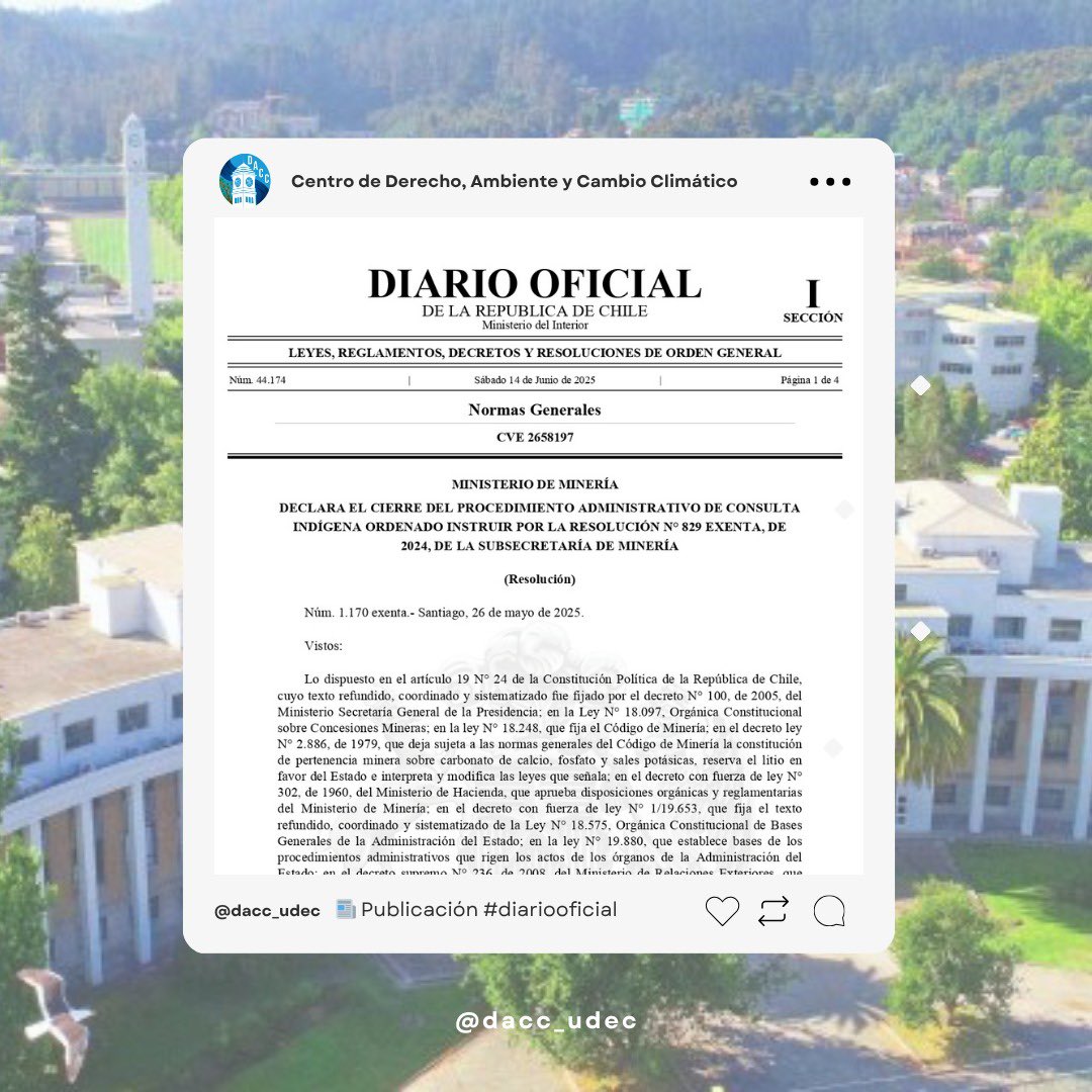 📄Diario Oficial publica resolución exenta número 1.170, de 2025 del Ministerio de Minería, que declara el cierre del procedimiento administrativo de consulta indígena ordenado instruir por la resolución N° 829 exenta, de 2024.

#DiarioOficial #DACC