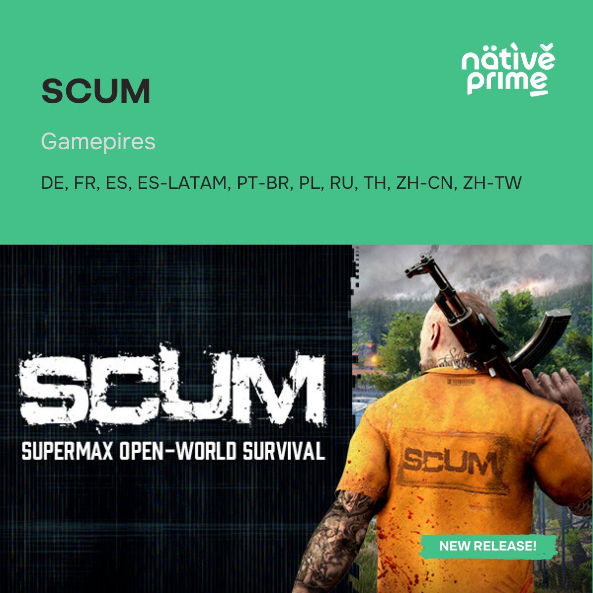 🗺️ Hardcore survival, advanced metabolism simulation, and pure chaos. Do you have what it takes to survive?

After years in early access, SCUM by <a href="/Gamepires/">Gamepires</a>  is finally out — and we’re proud to have localized this hardcore survival title into 10 languages! #TheNativeTouch