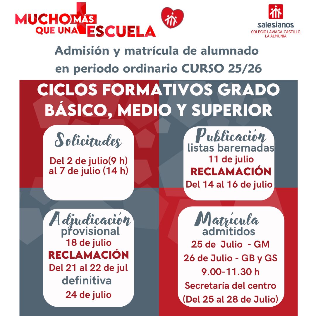 🔧 ¡Solicita tu plaza en FP!
📚 Grado Básico, Medio y Superior
📅  Del 2 julio (9:00 h) al 7 de julio (14:00 h)

🎯 Formación práctica, con futuro y con prácticas en empresa.

📍 Más info en el centro o web
#FPconFuturo #AdmisionesFP #SalesianosLaAlmunia #somosfuturo