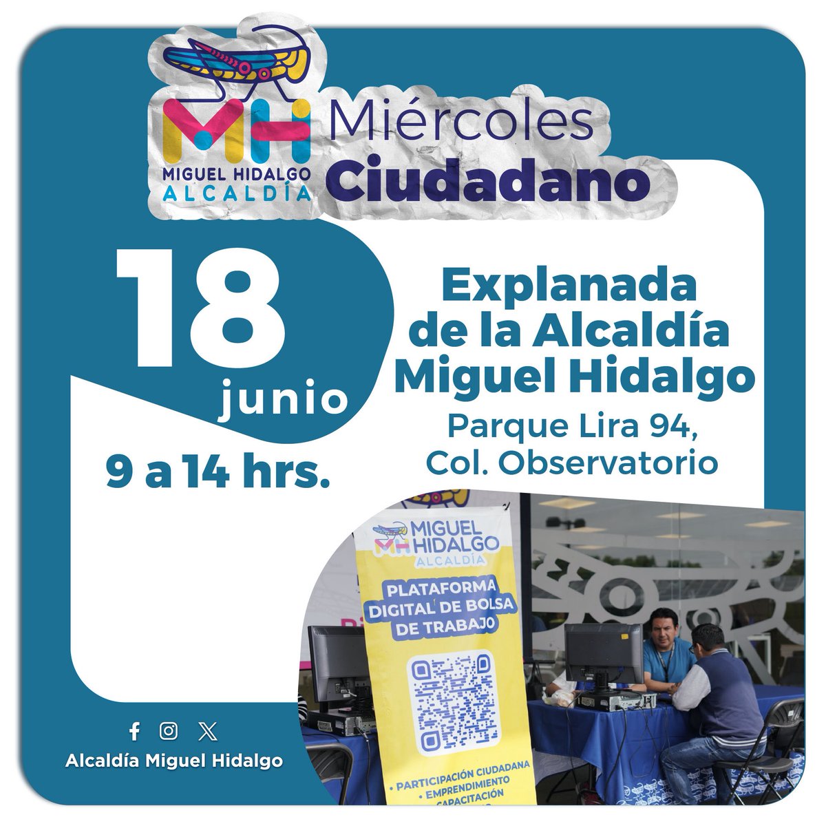 AlcaldiaMHmx's tweet photo. Nuestro #MiércolesCiudadano es para escucharte y atenderte de forma personalizada, así recibirás soluciones a todos tus reportes y gestiones. ¡Te esperamos MAÑANA 18 de junio de 9 de la mañana a las 2 de la tarde en la explanada de la alcaldía!👥 https://t.co/if5O53BCJ1