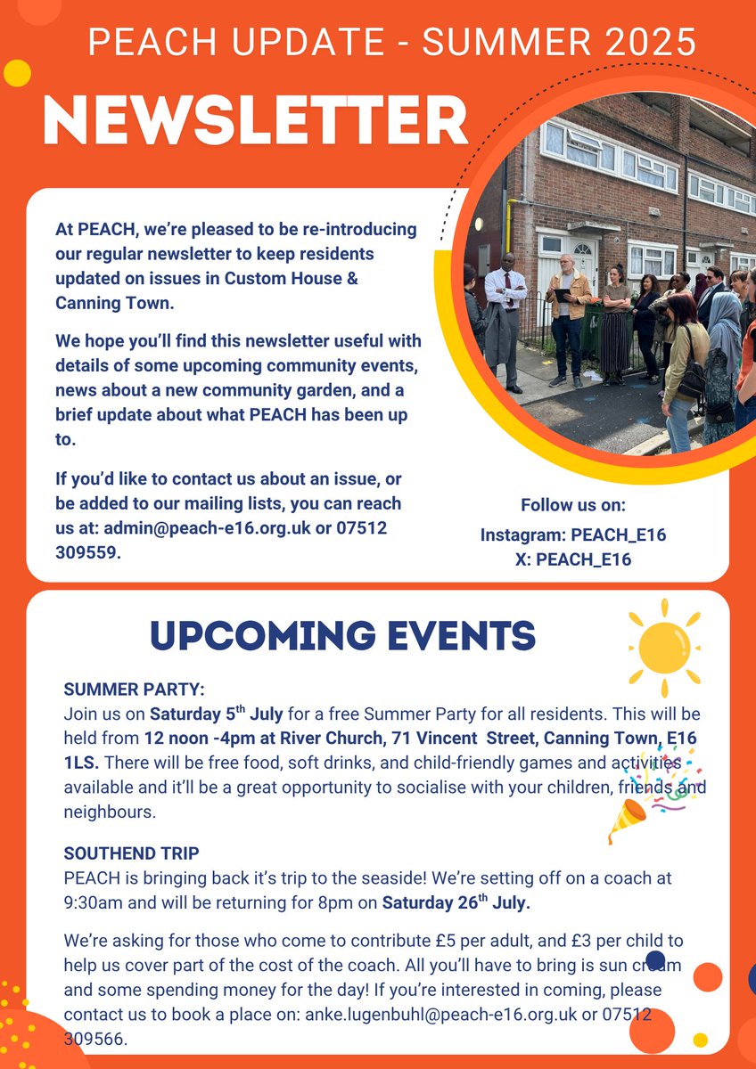 Our PEACH Summer leaflet is being delivered to hundreds of homes throughout Custom House &amp; Canning Town at the moment. If you can help to deliver a few on your street please let us know.