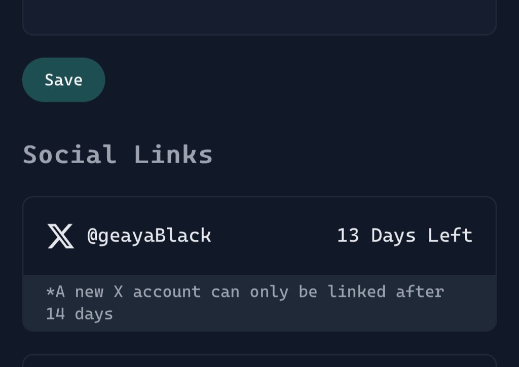 GAEYA 개야 (@geayablack) on Twitter photo X의 handle @을 수정했는데 13일 뒤에 연결이 가능하다는 문구가 보이네요.. 
포인트 누적 자체가 불가능하다는 걸까요? 새로운 계정 연결에 걸리는 시간일까요? 
아시는 분들 답변 부탁드립니다 🙇🏻🙇🏻  
초보 버빵단 카빵단입니다 
상호작용도 환영이에요!! 
<a href="/virtuals_io/">Virtuals Protocol</a> <a href="/KaitoAI/">Kaito AI 🌊</a> X의 handle @을 수정했는데 13일 뒤에 연결이 가능하다는 문구가 보이네요.. 
포인트 누적 자체가 불가능하다는 걸까요? 새로운 계정 연결에 걸리는 시간일까요? 
아시는 분들 답변 부탁드립니다 🙇🏻🙇🏻  
초보 버빵단 카빵단입니다 
상호작용도 환영이에요!! 
<a href="/virtuals_io/">Virtuals Protocol</a> <a href="/KaitoAI/">Kaito AI 🌊</a>