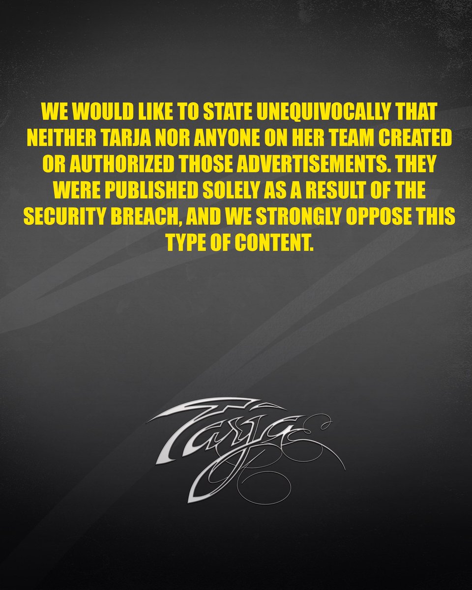 tarjaofficial's tweet photo. 👉 The attackers published gambling-related ads that violated Meta’s Community Guidelines. Based on these violations, Meta suspended Tarja’s official Facebook page.

❌ Neither Tarja nor her team created or approved these ads.
They were published solely as a result of the breach. https://t.co/ZSvyqnR44x