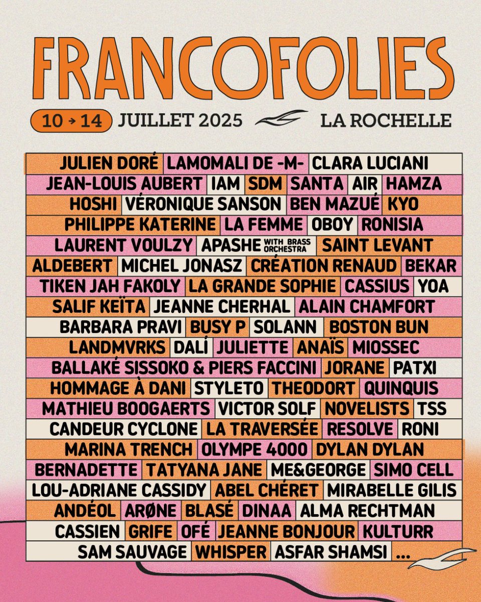 Moins d’un mois avant le top départ des Francofolies de La Rochelle 2025 ! ☀️
Du 10 au 14 juillet, cap sur l’océan pour 5 jours de concerts, de débats, d’expos… et de souvenirs iodés 🌊🎶

🎫 Billets dispos sur See Tickets : bit.ly/3V6lhdB