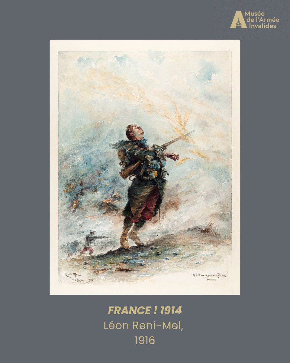 [#BeauxArts] 🖼️ english below 🇬🇧👇 Cette aquarelle rend hommage à aux compagnons d’arme de l’artiste, tombés en masse pendant la bataille de la Marne 🪖

🎨 Réni-Mel demeure fidèle, dans cette œuvre, à une conception de la grande peinture militaire aux guerriers altiers et aux