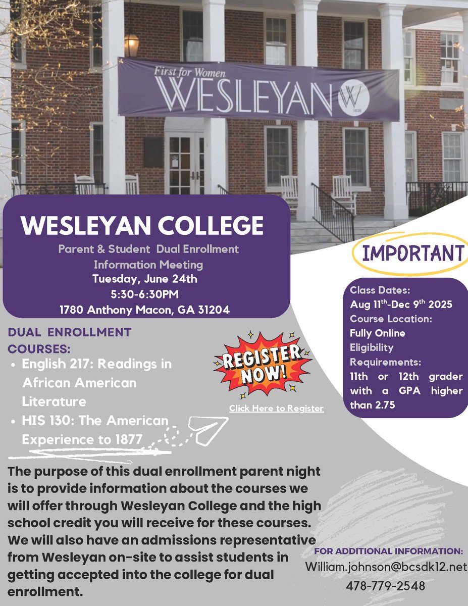 Bibb CTAE (@ctaebibb) on Twitter photo 🎓 Dual Enrollment Info Night!
📅 June 24 | ⏰ 5:30–6:30PM
📍 1780 Anthony Rd, Macon
✅ For rising 11th/12th graders (GPA 2.75+)
💻 Online classes via Wesleyan College
📝 Register: forms.office.com/r/dxTaRGbrEw
📩 Info: william.johnson@bcsdk12.net
#DualEnrollment #BCSD #WesleyanCollege 🎓 Dual Enrollment Info Night!
📅 June 24 | ⏰ 5:30–6:30PM
📍 1780 Anthony Rd, Macon
✅ For rising 11th/12th graders (GPA 2.75+)
💻 Online classes via Wesleyan College
📝 Register: forms.office.com/r/dxTaRGbrEw
📩 Info: william.johnson@bcsdk12.net
#DualEnrollment #BCSD #WesleyanCollege