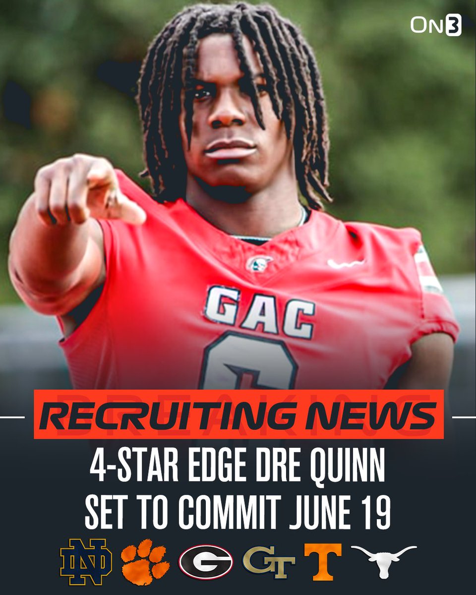On3 Recruits (@on3recruits) on Twitter photo 🚨NEWS🚨 4-star EDGE Dre Quinn will announce his decision on June 19, <a href="/ChadSimmons_/">ChadSimmons</a> reports‼️
Quinn’s finalists are Clemson, Notre Dame, Tennessee, Georgia Tech, Georgia and Texas.
Read: on3.com/news/simmons-s… 🚨NEWS🚨 4-star EDGE Dre Quinn will announce his decision on June 19, <a href="/ChadSimmons_/">ChadSimmons</a> reports‼️
Quinn’s finalists are Clemson, Notre Dame, Tennessee, Georgia Tech, Georgia and Texas.
Read: on3.com/news/simmons-s…