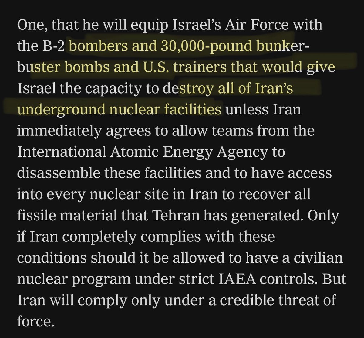 You’ll never guess what both Iran-focused articles from the NYT today claim will quickly bring an end to the war: the U.S. supplying Israel with 30,000lb bunker buster bombs to obliterate Iran…..
