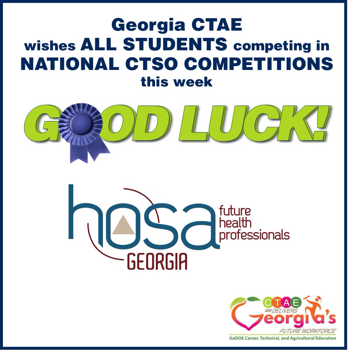 📣 Georgia CTAE is cheering on all our incredible students competing in NATIONAL CTSO COMPETITIONS this week! 💪🌟
A special shoutout to Georgia HOSA – go show the nation what you're made of! 🏅
GOOD LUCK! 💙💚 #CTAEDelivers #CTSOproud #StudentSuccess #FutureWorkforce
