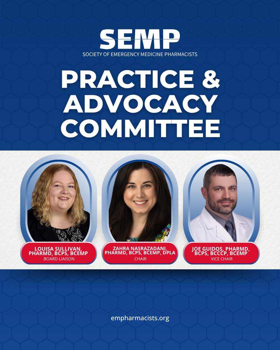 Introducing the new leadership for the SEMP Practice &amp; Advocacy Committee: Chair Zahra Nasrazadani, PharmD, &amp; Vice Chair Joe Guidos, PharmD!

Welcome, Zahra and Joe!

#SEMP #EMRx #TwitteRx