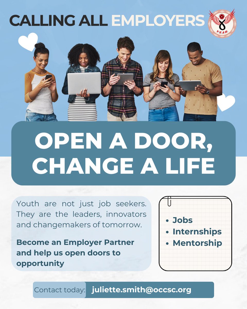 ChineseOttawa's tweet photo. Calling Employers

Our youth are the future, full of promise, talent, and drive. At OCCSC, we’re helping them take the next step, but we need you.

Whether it’s a job, internship, or mentorship, your support can make all the difference.

📩Email today! Juliette.smith@occsc.org https://t.co/0RAwwYYksI
