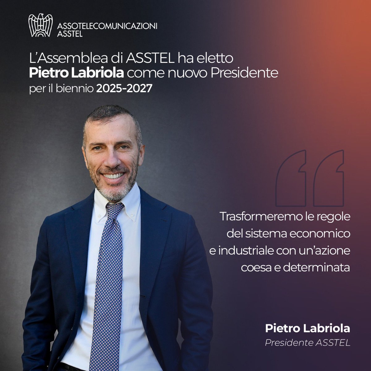 Assotelecomunicazioni (@asstel_it) on Twitter photo 📣 Pietro Labriola, AD di <a href="/GruppoTIM/">Gruppo TIM</a>, è il nuovo Presidente di #ASSTEL per il biennio 2025–2027.
🗣️ “Serve una svolta: regole stabili, investimenti e lavoro moderno per ridare valore al settore e far crescere l’economia”. Grazie a Massimo Sarmi per il lavoro svolto. ⬇️ 📣 Pietro Labriola, AD di <a href="/GruppoTIM/">Gruppo TIM</a>, è il nuovo Presidente di #ASSTEL per il biennio 2025–2027.
🗣️ “Serve una svolta: regole stabili, investimenti e lavoro moderno per ridare valore al settore e far crescere l’economia”. Grazie a Massimo Sarmi per il lavoro svolto. ⬇️
