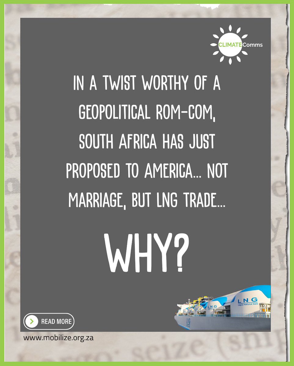 Mobilize (@mobilize_za) on Twitter photo South Africa’s LNG trade with the U.S. is making waves — but what’s the real story behind the headlines?
Not only do we dive deep into this story in the latest issue of our newsletter, but we dive even DEEPER in Episode 2 of the Climate Comms Podcast with <a href="/fossiladbanSA/">Fossil Ad Ban South Africa</a> Campain South Africa’s LNG trade with the U.S. is making waves — but what’s the real story behind the headlines?
Not only do we dive deep into this story in the latest issue of our newsletter, but we dive even DEEPER in Episode 2 of the Climate Comms Podcast with <a href="/fossiladbanSA/">Fossil Ad Ban South Africa</a> Campain