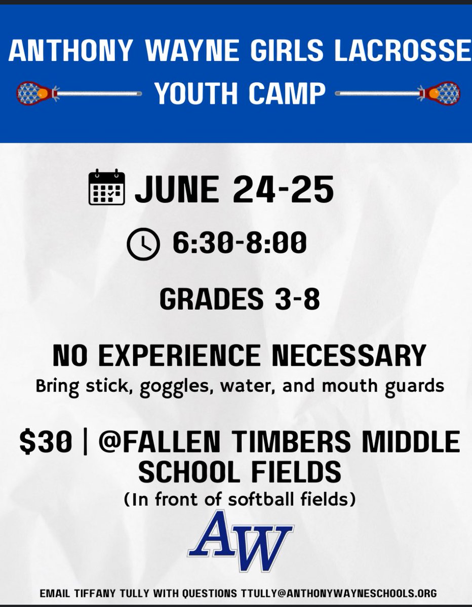 1 week away from our Youth Girls Lax Camp! No experience necessary. Come have some fun and learn from the high school players and coaches! 
Follow link to register

locallevelevents.com/events/details…