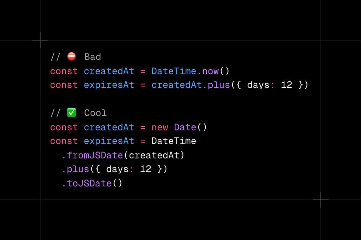 letstri's tweet photo. If you use a library like dayjs, date-fns, luxon, etc.

Always convert dates to vanilla Date before saving. You will get rid of many problems this way. https://t.co/xDEJqVMLGp