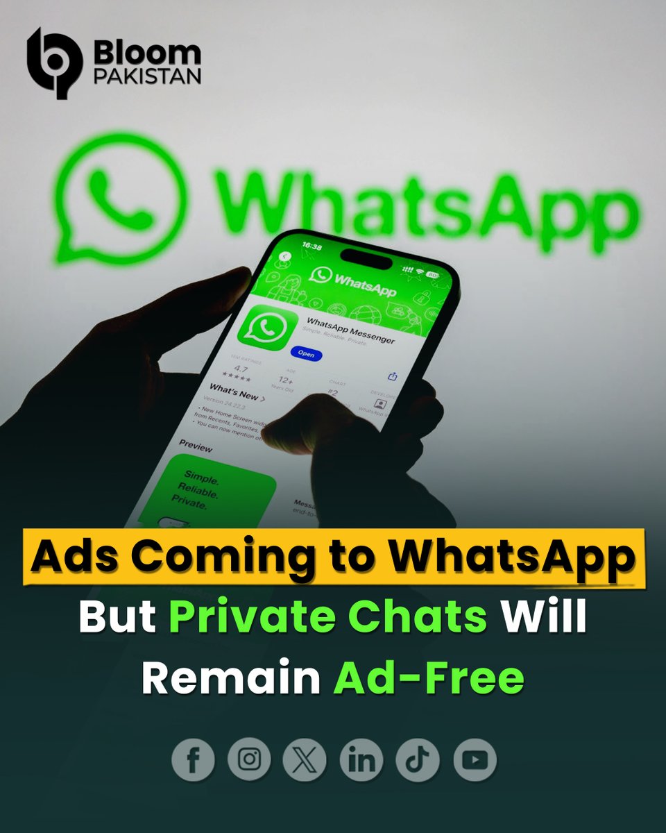 bloom_pakistan's tweet photo. WhatsApp to Introduce Ads and Paid Subscriptions
Read More:
https://t.co/r7efbIolDJ
#BloomPakistan @WhatsApp #WhatsApp #AdsOnWhatsApp #PaidSubscriptions #TechNews #SocialMediaUpdate #MessagingApp #MetaUpdates https://t.co/3YEpOJ5ZwP
