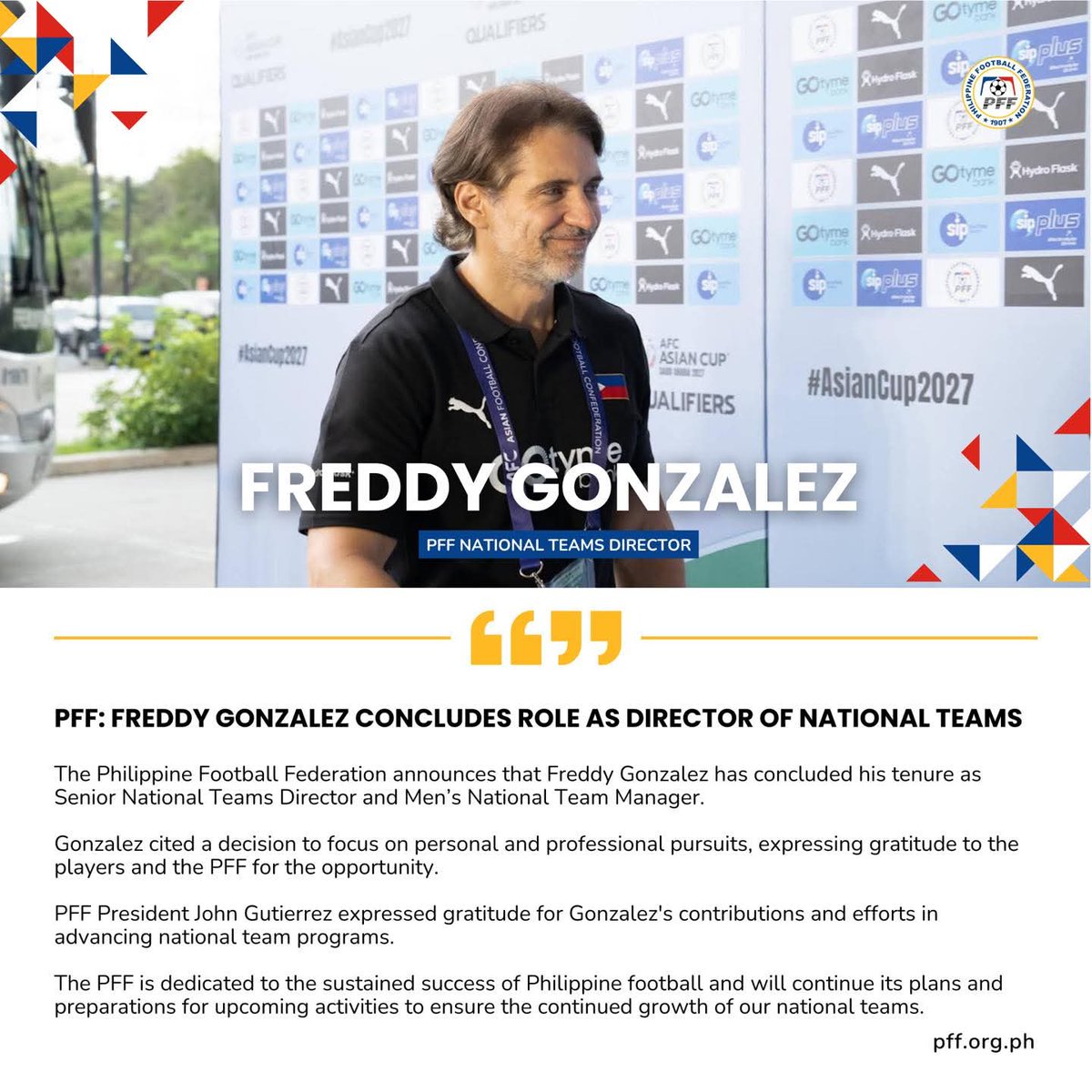 LOOK: 

<a href="/philfootball/">Philippine Football Federation</a> confirmed the departure of national teams director Freddy Gonzalez.

Photograph courtesy of @philfootball/FB. <a href="/TribuneSportsPh/">Daily Tribune Sports</a> <a href="/tribunephl/">Daily Tribune</a>