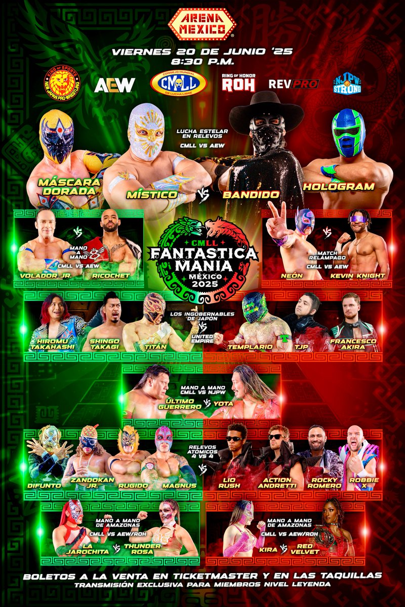 🔜
📍Arena México
🗓️ Viernes 20 de Junio '25
🕣 8:30 p.m.

🎟️ en taquillas y en Ticketmaster:
ticketmaster.com.mx/event/14006150…

📺 Transmisión EN VIVO en exclusiva para miembros nivel “Leyenda”: youtube.com/VideosOficiale…

#ViernesEspectacularCMLL
#FM2025 | #FantasticaMania2025