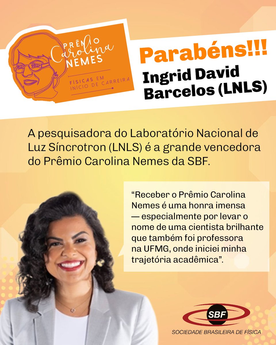 🏆🎉 A pesquisadora do LNLS/CNPEM é a grande vencedora do Prêmio Carolina Nemes para físicas no início de carreira, oferecido pela SBF. Parabéns e obrigado pelas suas contribuições à Física nacional.
Acesse bit.ly/vencedora-caro… 

#sbfísica #PrêmiosSBF  #UFMG #CNPEM