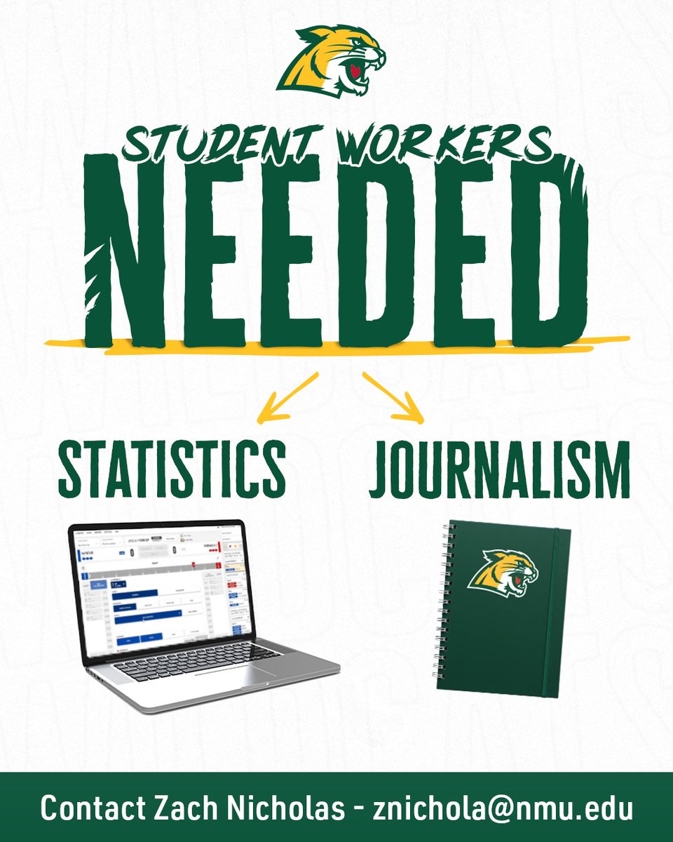 NMU_Wildcats's tweet image. 𝗦𝘁𝘂𝗱𝗲𝗻𝘁 𝗪𝗼𝗿𝗸𝗲𝗿𝘀 𝗡𝗲𝗲𝗱𝗲𝗱!
Do you have a passion for sports and are interested in pursuing it as a career? We would love to help get you started!
Contact Zach Nicholas, Director of Sports Information, at znichola@nmu.edu if interested!