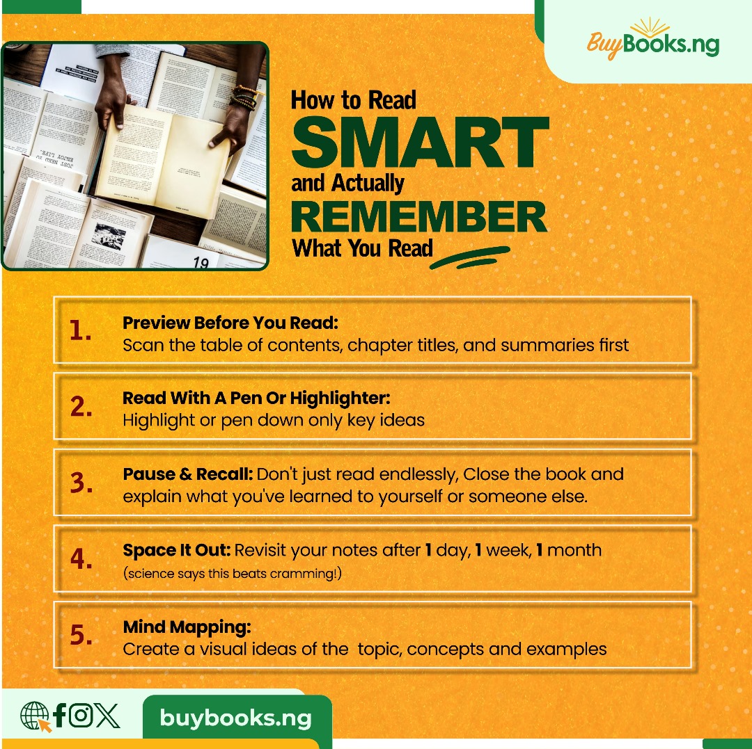 Buybooksng's tweet image. How To Read Smart And Actually Remember What You Read

Ever closed a book only to realize you’ve already forgotten half of it?  Here’s how to read with purpose and make ideas stick:

Note: Smart Reading Isn’t About Speed, It’s About Retention.
#smartreader #buybooksng #bookshop